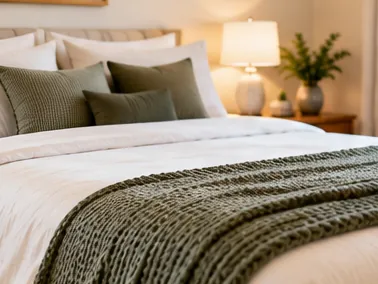 A neatly made bed in a clean, bright bedroom