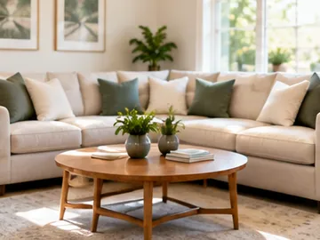 A tidy, freshly cleaned living room with a sofa and coffee table